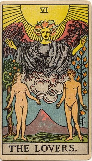 The Lovers: A naked man and woman stand facing each other in a garden while an angel spreads its arms above them in front of the sun; behind the woman stands a tree with a serpent.