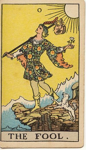 The Fool: A young man in bright clothes stands at the edge of a cliff with a white rose in one hand and a bundle on a staff over his shoulder, a small white dog leaping beside him.