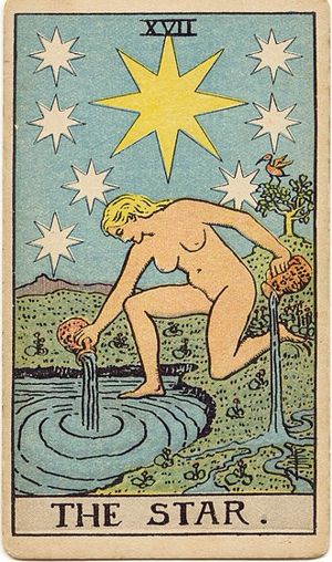 The Star: A naked woman kneels by a pool and pours water from two jugs, one into the pool and one onto the land, beneath a large eight-pointed star and seven smaller stars.