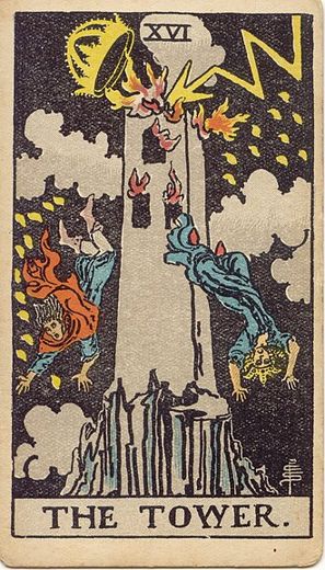 The Tower: A tall tower on a rocky peak is struck by lightning; the crown on its top is blown away, flames burst from the windows and two people fall.